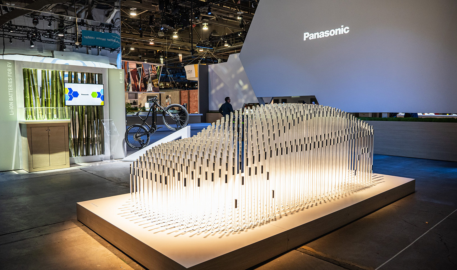 Photo: A cylindrical battery display in the MOBILITY area of Panasonic Group’s CES2023 booth