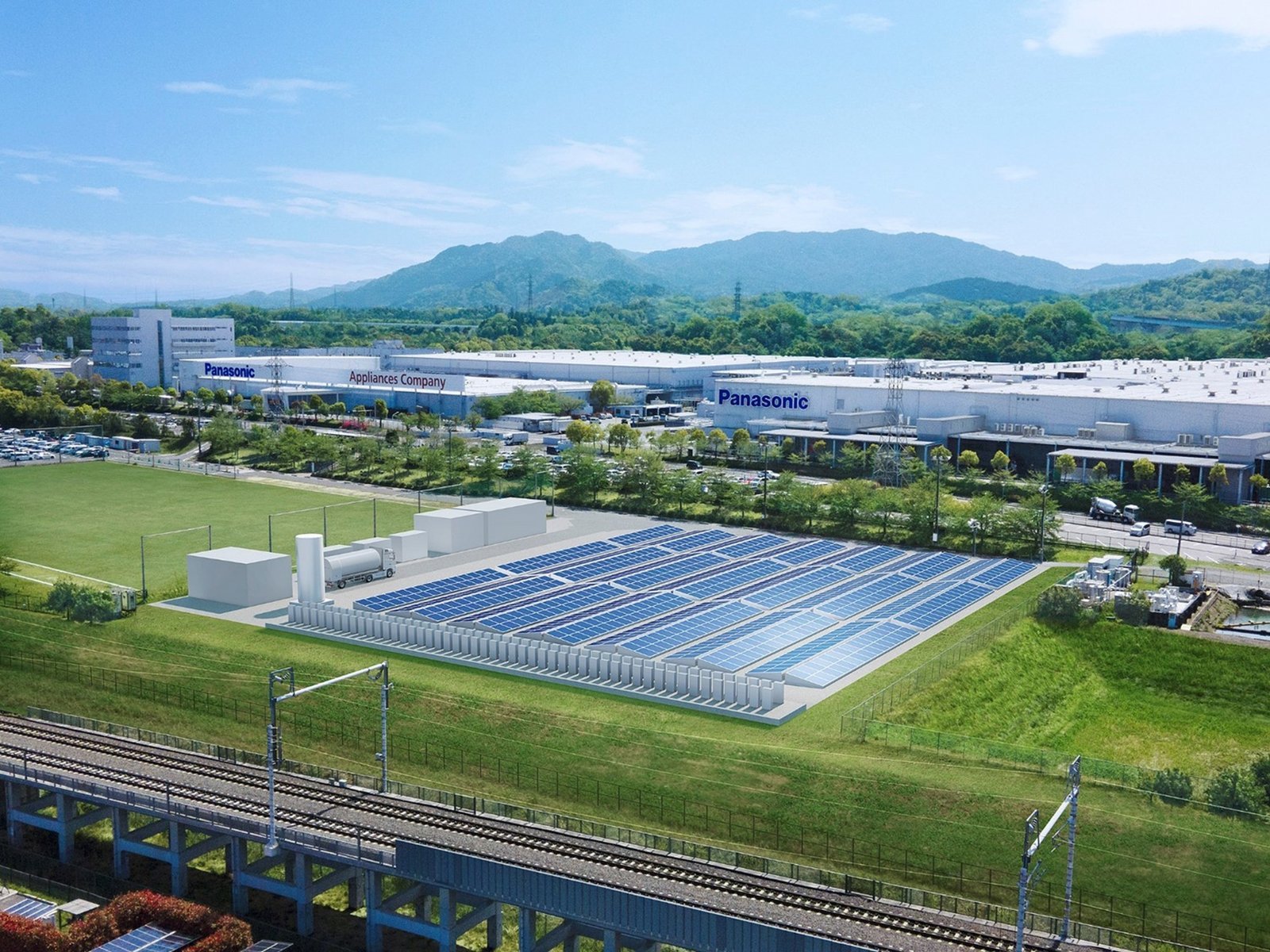 Image of the completed RE100 Solutions demonstration facility at the Smart Energy Systems Division Factory in Kusatsu, Shiga Prefecture
