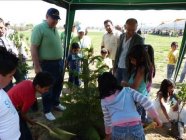 子どもたちと従業員が木を植える様子（メキシコ）