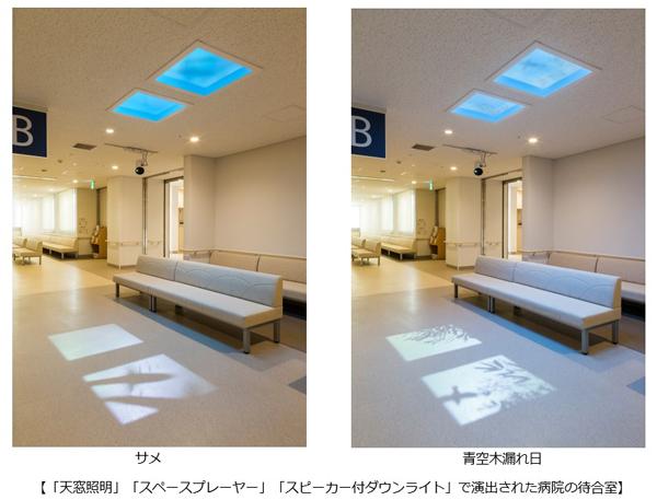 「天窓照明」「スペースプレーヤー」「スピーカー付ダウンライト」で演出された病院の待合室