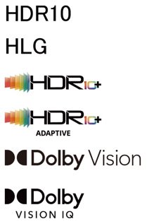 HDR10、HLG、HDR10+、HDR10+ ADAPTIVE、Dolby Vision、Dolby VISION IQ ロゴ