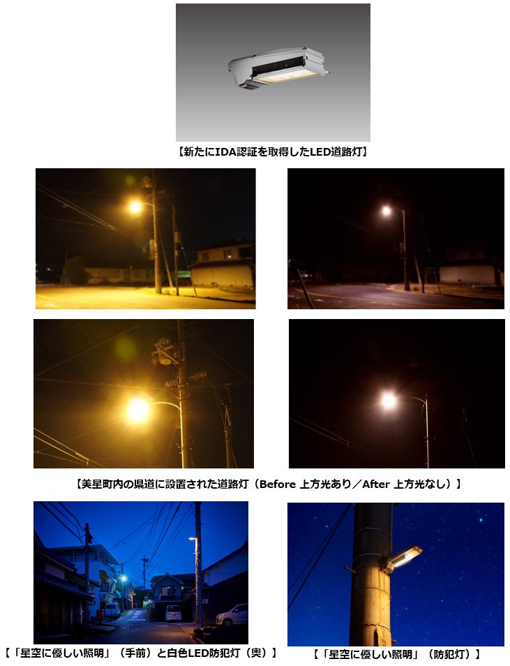 新たにIDA認証を取得したLED道路灯、美星町内の県道に設置された道路灯（Before 上方光あり／After 上方光なし）、「星空に優しい照明」（手前）と白色LED防犯灯（奥）比較写真、「星空に優しい照明」（IDA認証防犯灯）