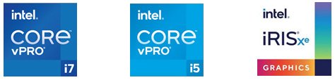 インテル Core vPro i7 ロゴ画像、インテル Core vPro i5 ロゴ画像、インテル iRISxe GRAPHICS ロゴ画像
