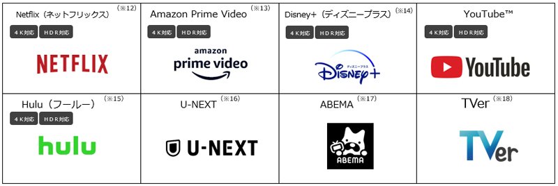 Netflixロゴ（ネットフリックス） ロゴ、Amazon Prime Video ロゴ、Disney+（ディズニープラス） ロゴ、YouTube ロゴ、Hulu ロゴ、U-NEXT ロゴ、ABEMA ロゴ、TVer ロゴ