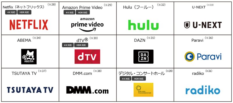 Netflixロゴ、Amazon Prime Videoロゴ、Huluロゴ、U-NEXTロゴ、ABEMAロゴ、dTV（R）ロゴ、DAZNロゴ、Paraviロゴ、TSUTAYA TVロゴ、DMM.comロゴ、デジタル・コンサートホール ロゴ、radikoロゴ
