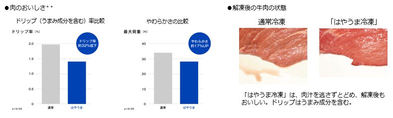 グラフ：肉のおいしさ（ドリップ率比較、柔らかさの比較）、解凍後の牛肉の状態画像