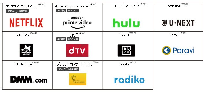 Netflixロゴ、Amazon Prime Videoロゴ、Huluロゴ、U-NEXTロゴ、ABEMAロゴ、dTV（R）ロゴ、DAZNロゴ、Paraviロゴ、DMM.comロゴ、デジタル・コンサートホール ロゴ、radikoロゴ
