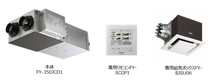 画像：天井埋込形ジアイーノ、本体（FY-350JCD1）、専用リモコン、専用給気ボックス（FY-BJSU06）