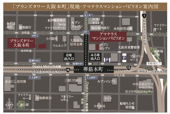 画像：ブランズタワー大阪本町 物件位置図