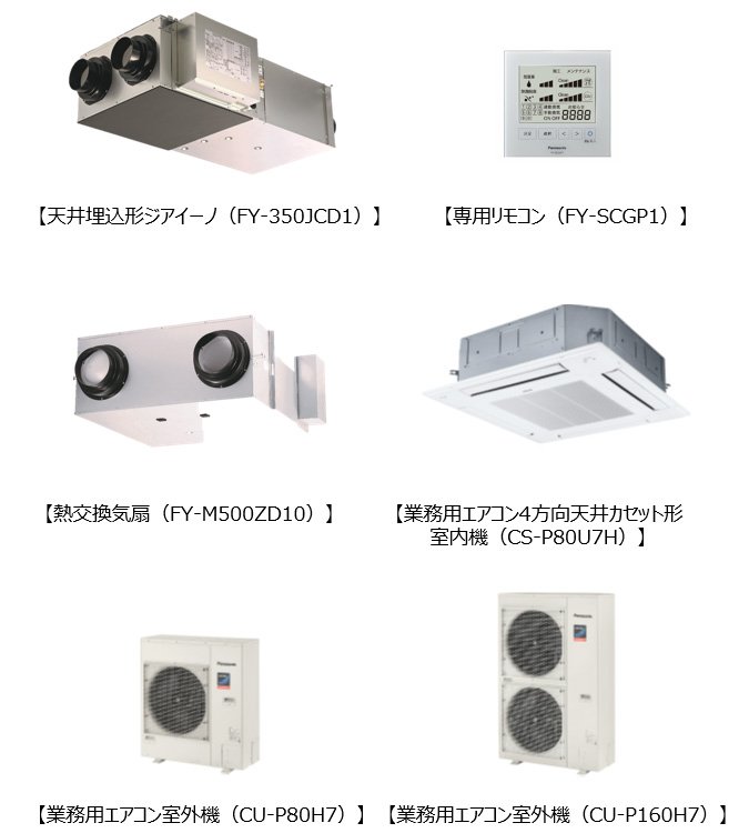 画像：製品写真、天井埋込形ジアイーノ（FY-350JCD1）、専用リモコン（FY-SCGP1）、熱交換気扇（FY-M500ZD10）、業務用エアコン4方向天井カセット形室内機（CS-P80U7）、業務用エアコン室外機（CU-P80G7）、業務用エアコン室外機（CU-P140G7）