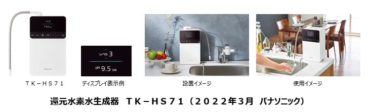 画像：還元水素水生成器「TK-HS71」本体、ディスプレイ表示例、設置イメージ、使用イメージ