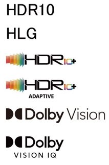 「HDR10」、「HLG」、「HDR10+」、「Dolby Vision（R）（ドルビービジョン）」、「HDR10+ ADAPTIVE」「Dolby Vision IQ（TM）（ドルビービジョンIQ）」ロゴ