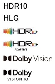 画像：「HDR10」、「HLG」、「HDR10+」、「Dolby Vision（R）（ドルビービジョン）」、「HDR10+ ADAPTIVE」「Dolby Vision IQ（TM）（ドルビービジョンIQ）」ロゴ