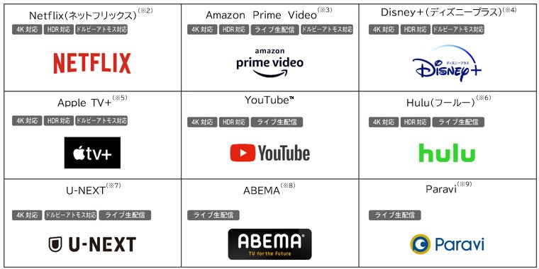 画像：Netflix、Amazon Prime Video、ディズニープラス、Apple TV+、YouTube、Hulu、U-NEXT、ABEMA、Paraviロゴ