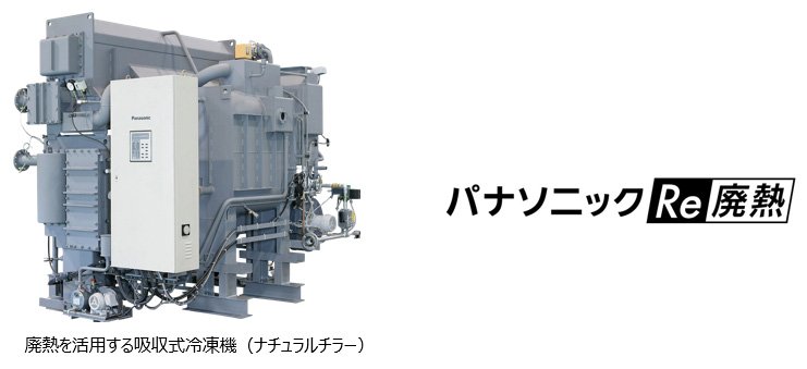 画像：廃熱を活用する吸収式冷凍機（ナチュラルチラー）、ロゴ「パナソニックRe廃熱」