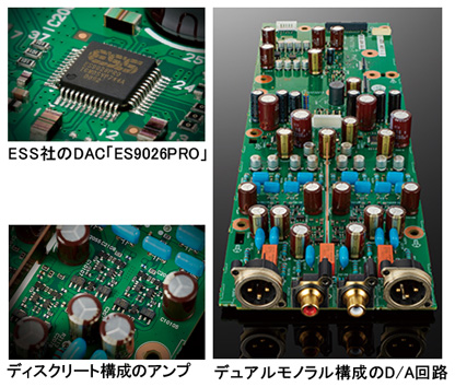画像：ESS社のDAC「ES9026PRO」、ディスクリート構成のアンプ、デュアルモノラル構成のD/A回路
