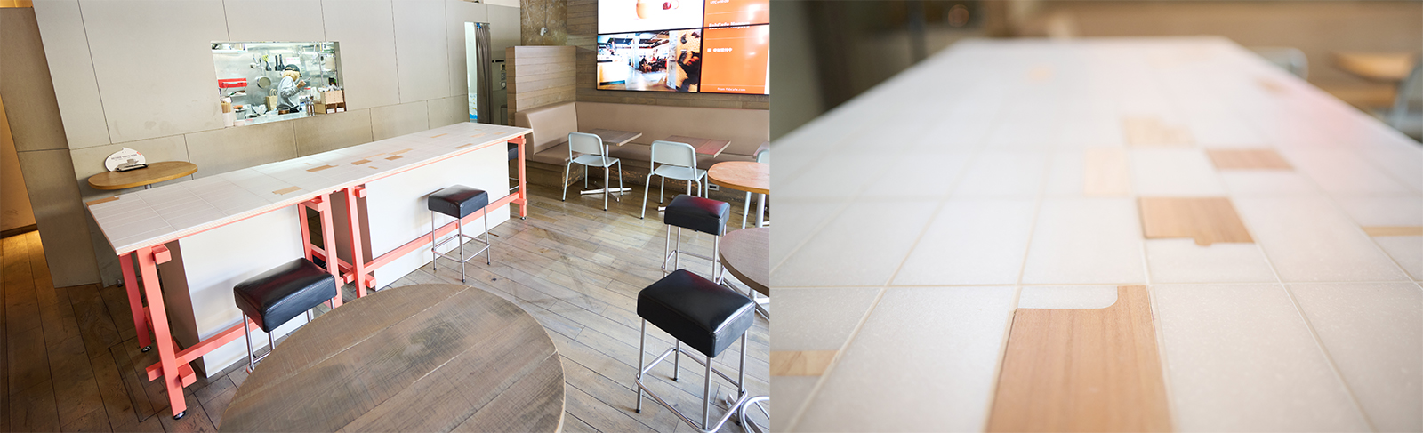 Photo: Counter table installed at FabCafe Tokyo. The tabletop is made of a combination of white artificial marble and wood.