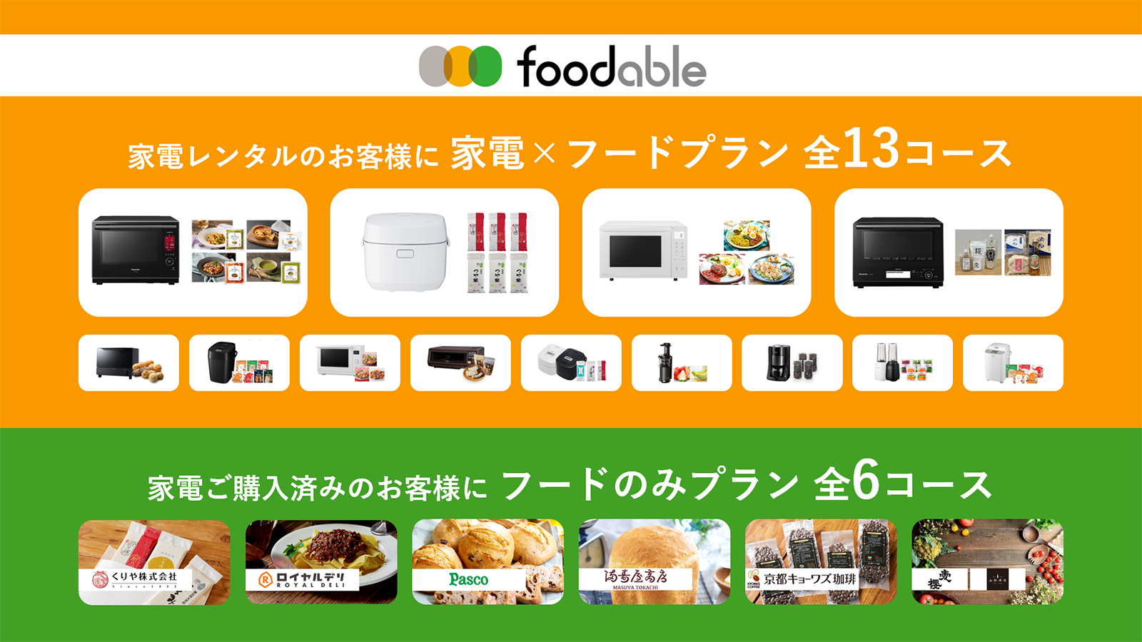 図版：foodableの「家電×フード」プラン全13コース、「フードのみ」プラン全6コース