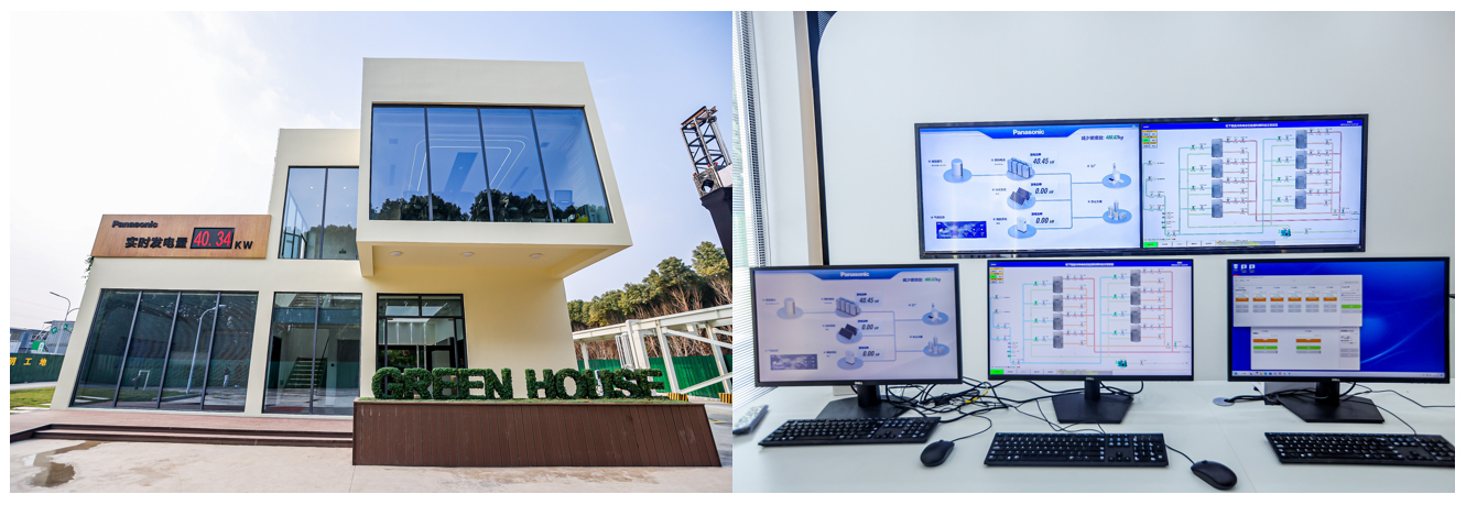 Photo Left: Demonstration Control Center (GREEN HOUSE). Right: Real-time energy generation and consumption status display