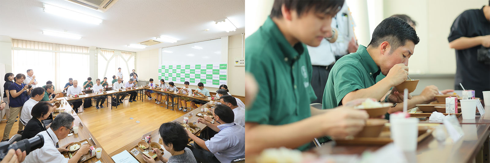 写真：セレモニー後、kinariの食器で学校給食をいただく子どもたちと開発メンバー