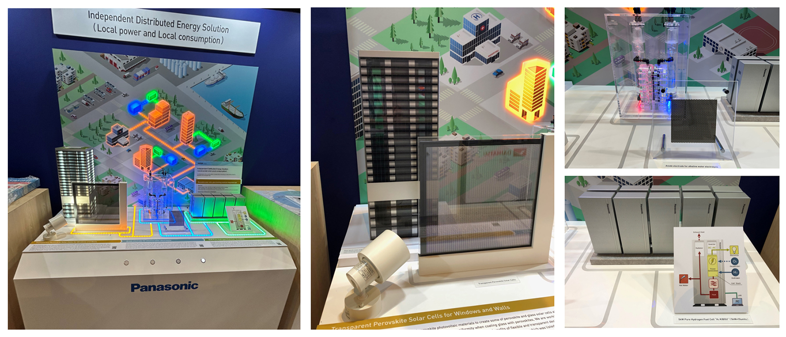 写真：パナソニックグループによる「エネルギー自立分散型ソリューション」の展示全体（左）、ぺロブスカイト太陽電池（中央）、グリーン水素生成装置（右上）、純水素型燃料電池（右下）