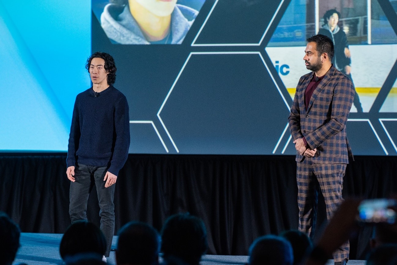 Photo: Nathan Chen on stage with Kal Penn at the CES2023 Panasonic press conference explaining Panasonic’s passion for a more sustainable future.