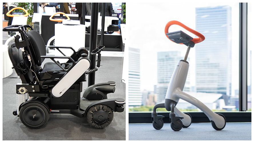 写真：ロボティックモビリティPiiMo（写真左）、歩行トレーニングロボット（写真右）