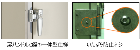 画像：扉ハンドルと鍵の一体型仕様 いたずら防止ネジ