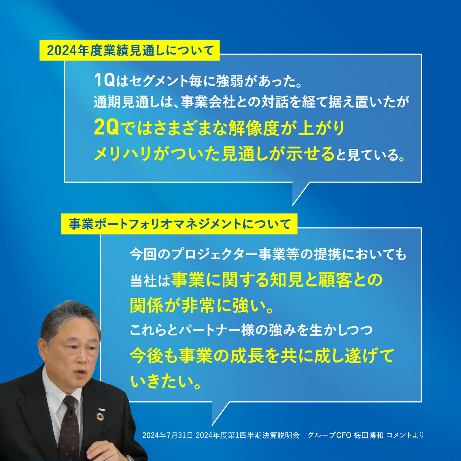 図版：2024年7月31日 2024年度第1四半期決算説明会　グループCFO 梅田博和 コメントより「（2024年度業績見通しについて）1Qはセグメント毎に強弱があった。通期見通しは、事業会社との対話を経て据え置いたが2Qではさまざまな解像度が上がりメリハリがついた見通しが示せると見ている」「（事業ポートフォリオマネジメントについて）今回のプロジェクター事業等の提携においても当社は事業に関する知見と顧客との関係が非常に強い。これらとパートナー様の強みを生かしつつ今後も事業の成長を共に成し遂げていきたい」