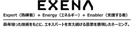 画像：EXENA（エグゼナ）Expert（熟練者）＋Energy（エネルギー）＋Enabler（支援する者）長年培った技術をもとに、エキスパートを支え続ける意思を表現したネーミング。