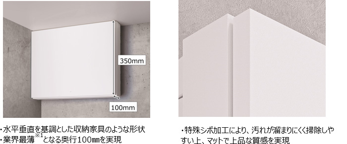 画像：水平垂直を基調とした収納家具のような形状・業界最薄（※1）となる奥行100 mmを実現・特殊シボ加工により、汚れが溜まりにくく掃除しやすい上、マットで上品な質感を実現