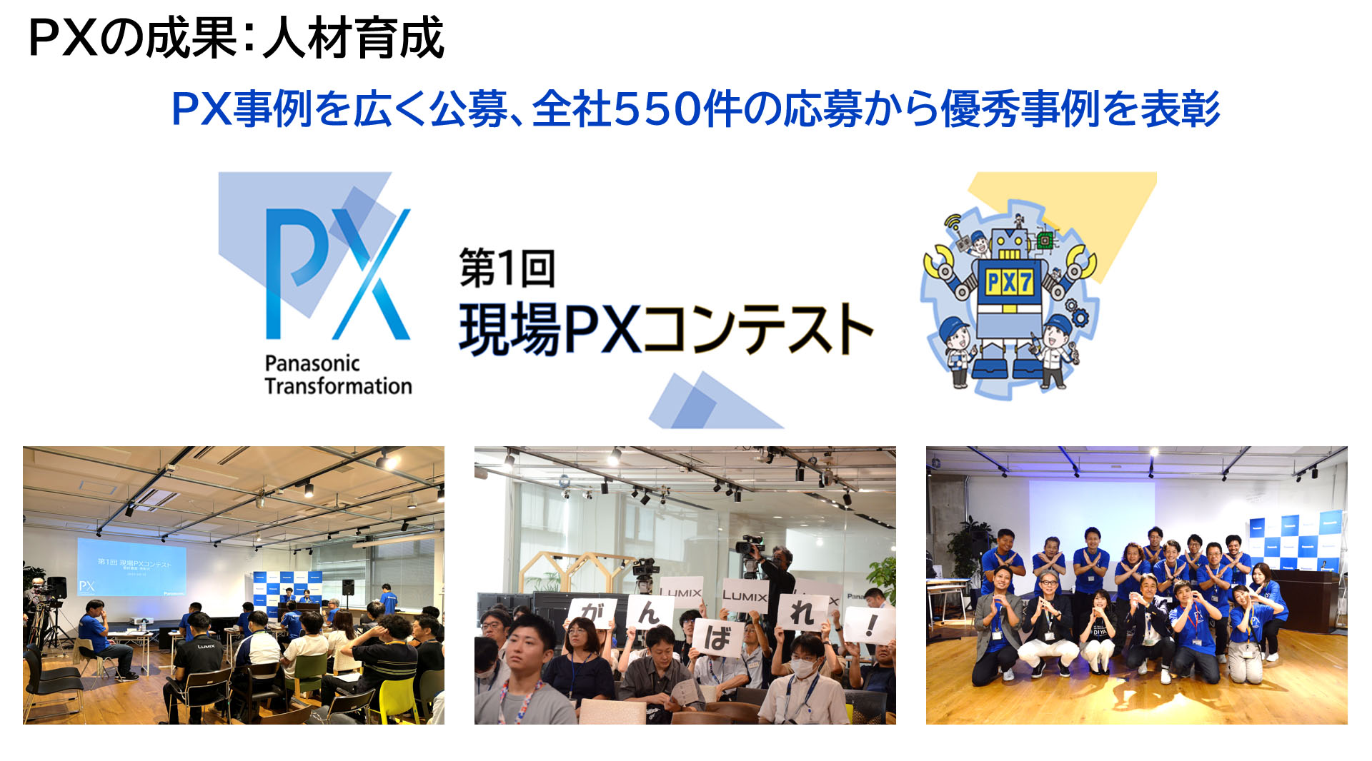 図版：PXの成果：人材育成　PX事例を広く公募、全社550件の応募から優秀事例を表彰