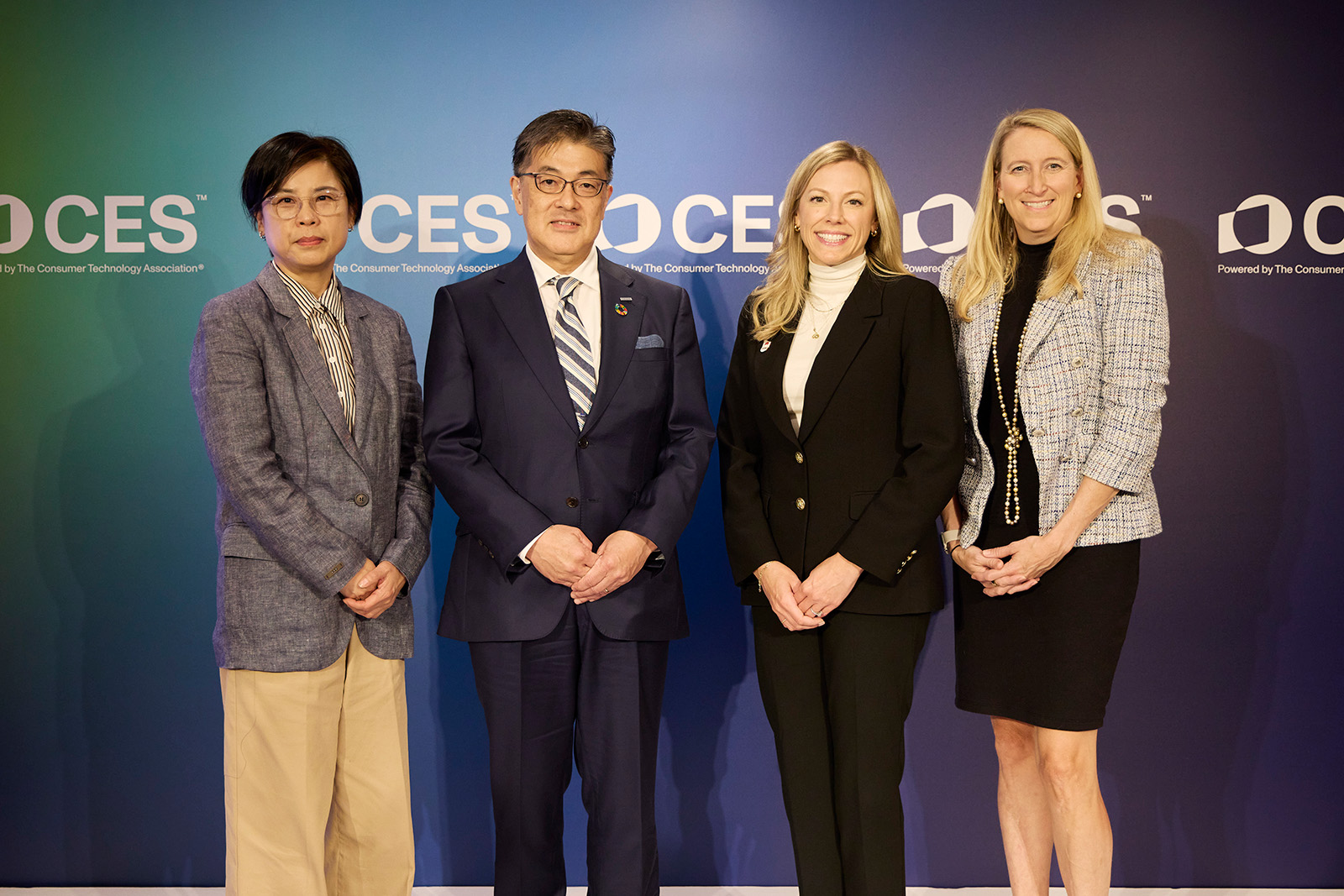 Photo: From right: Megan Myungwon Lee, Chairwoman & CEO, Panasonic Corp. of North America; Yuki Kusumi, Panasonic Holdings Corporation CEO; Kinsey Fabrizio, President of CTA; and Megan Pollock, VP, Branding & Strategic Communication at Panasonic North America