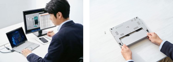 画像：レッツノート使用イメージとバッテリー交換のイメージ