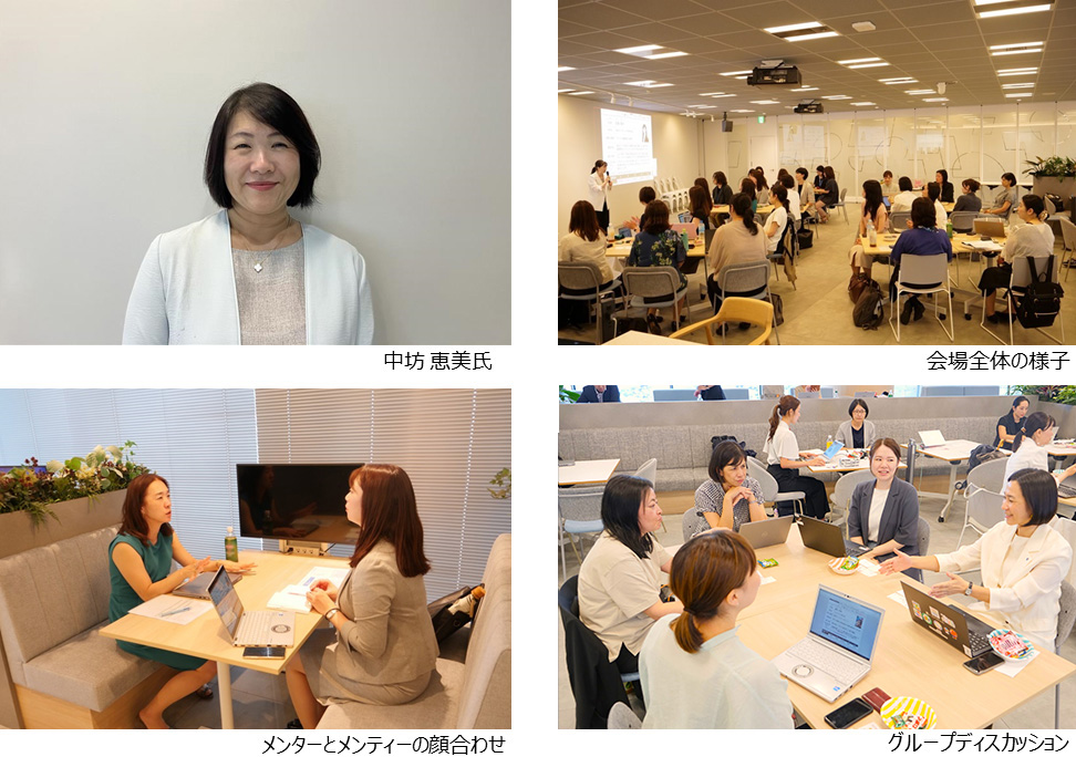 画像：中坊 恵美氏、会場全体の様子、メンターとメンティーの顔合わせ、グループディスカッション