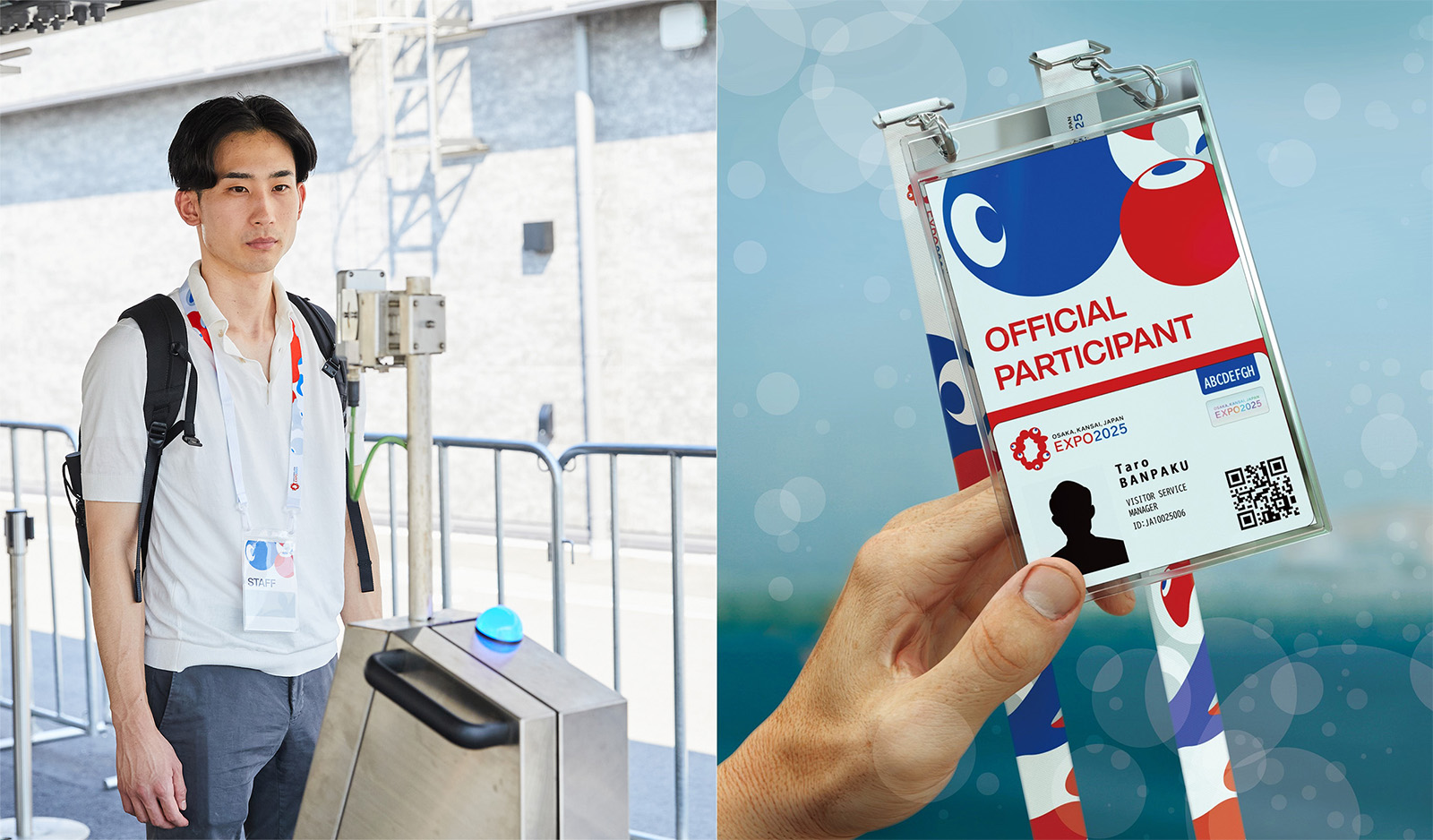 Left: A person passing through the facial authentication entrance system; right: an AD pass