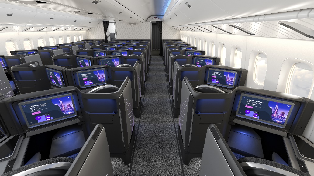 Cabin interior of an aircraft showing seatback screens with Astrova in-flight entertainment (IFE) system