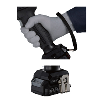 画像：落下防止ストラップ付・別売品の引掛フックも取り付け可能