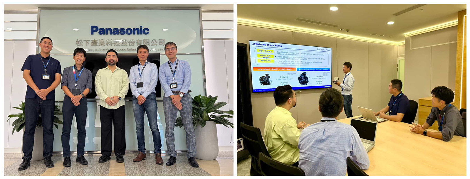 写真左：パナソニックデバイス販売台湾株式会社の営業担当者、 写真向かって右から2人目がジャスパー・リー／写真右：台湾販社での打ち合わせの様子
