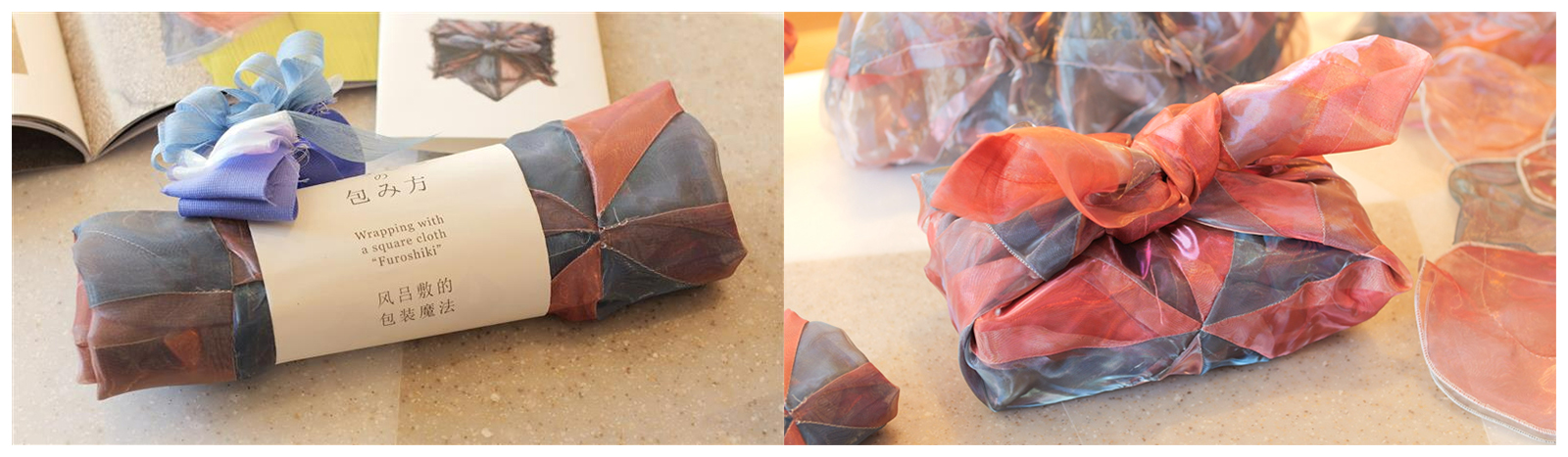 Novelty goods made with leftover organdy fabric created in collaboration with students from Ueda College of Fashion in Osaka