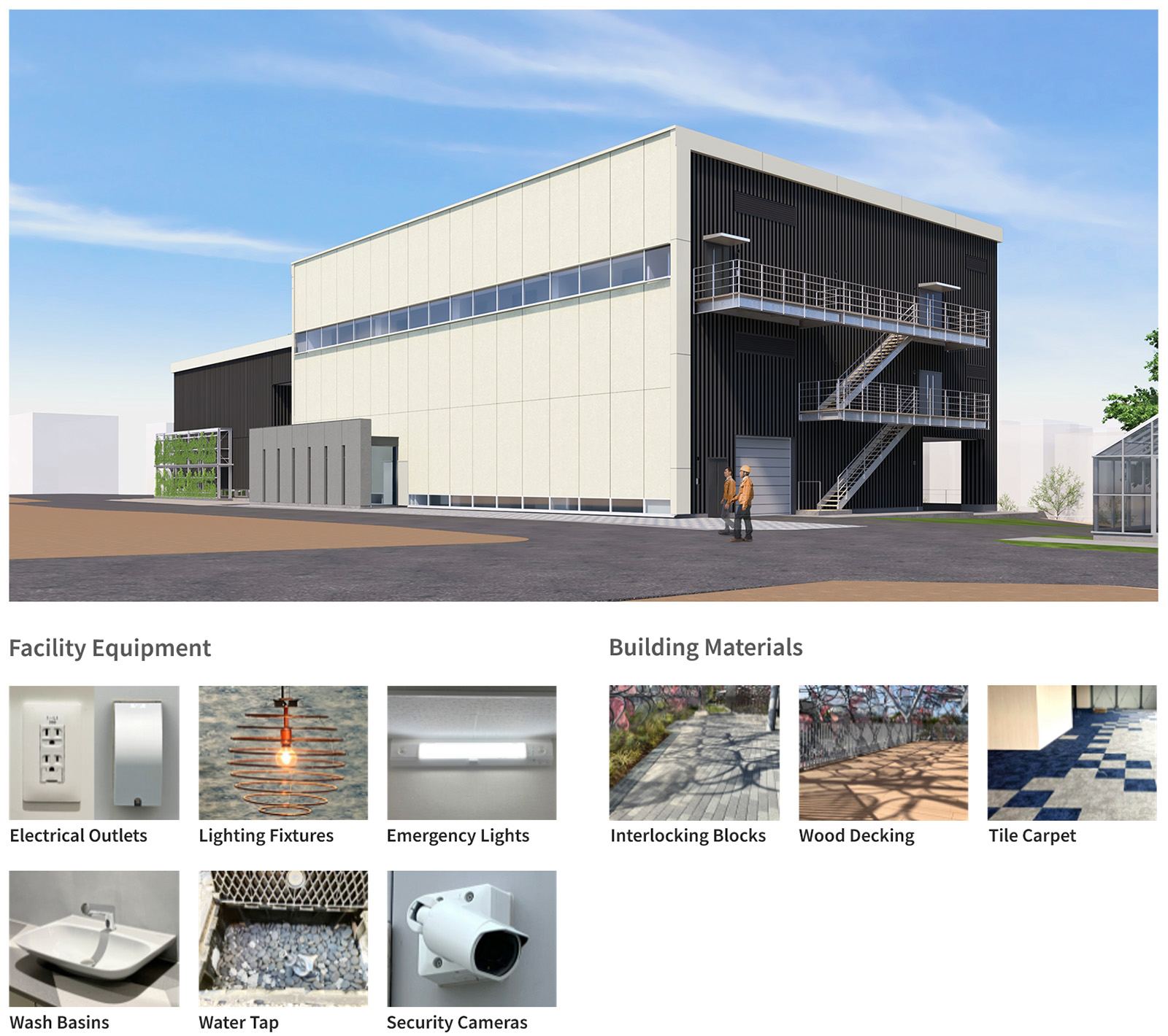 Rendering of “Phase II,” an experimental building for “Open Lab 3” to be constructed at Obayashi Corporation’s Technology Research Institute, with examples of items that will be reused in the building