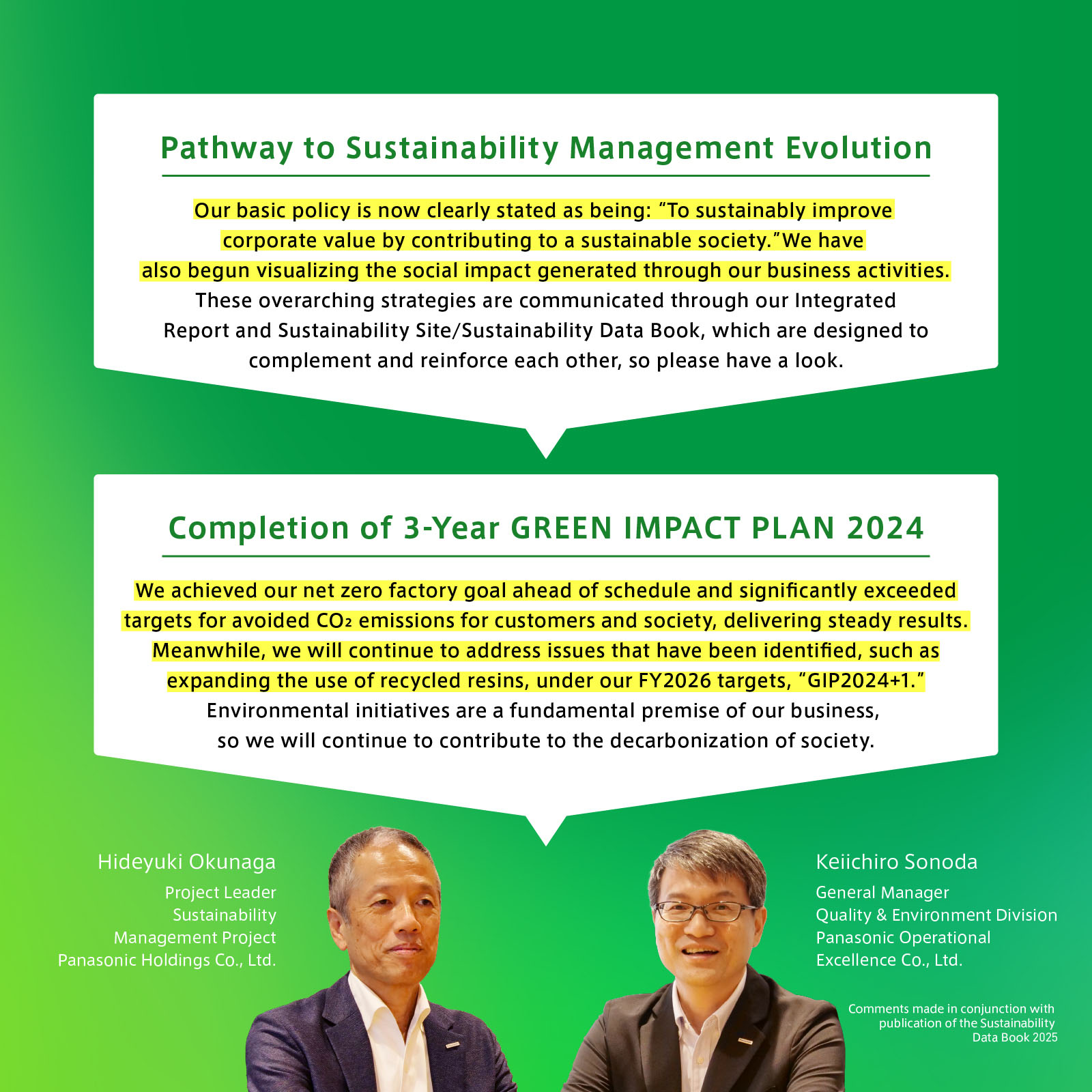 Hideyuki Okunaga, Project Leader, Sustainability Management Project, Panasonic Holdings Co., Ltd. and Keiichiro Sonoda, General Manager, Quality & Environment Division, Panasonic Operational Excellence Co., Ltd. commented. About Pathway to Sustainability Management Evolution: ‘Our basic policy is now clearly stated as being: ‘To sustainably improve corporate value by contributing to a sustainable society.’ We have also begun visualizing the social impact generated through our business activities. These overarching strategies are communicated through our Integrated Report and Sustainability Site/Sustainability Data Book, which are designed to complement and reinforce each other, so please have a look.’ About Completion of 3-Year GREEN IMPACT PLAN 2024: ‘We achieved our net zero factory goal ahead of schedule and significantly exceeded targets for avoided CO2 emissions for customers and society, delivering steady results. Meanwhile, we will continue to address issues that have been identified, such as expanding the use of recycled resins, under our FY2026 targets, ‘GIP2024+1.’ Environmental initiatives are a fundamental premise of our business, so we will continue to contribute to the decarbonization of society.’
