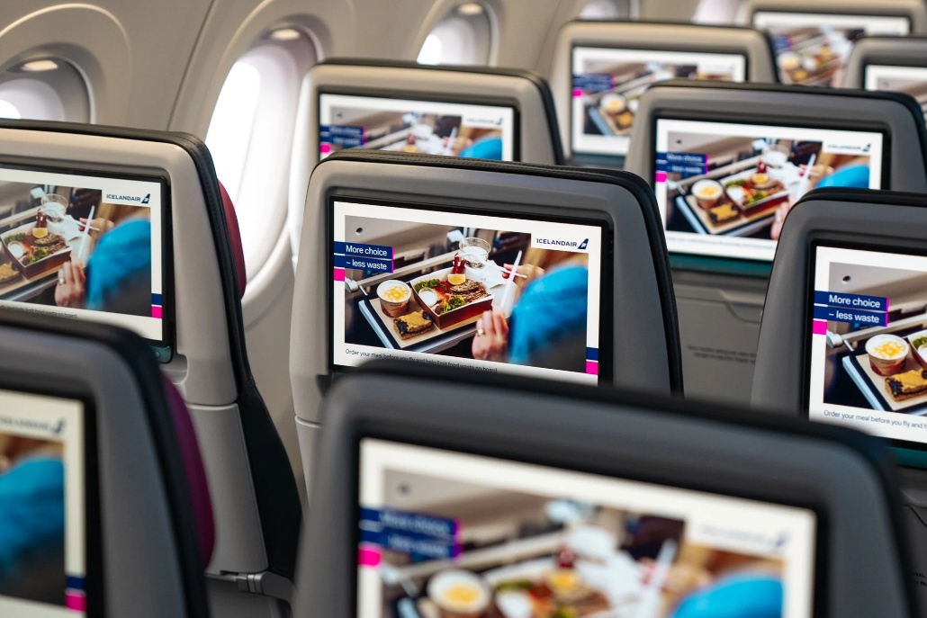 Seatback screens showing the Astrova in-flight engagement solution in operation on an Icelandair aircraft