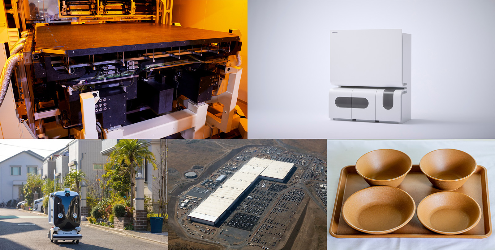 Examples of applications of the production engineering platform. Top row: industrial inkjet printing equipment (left), system for the differentiation and culture of therapeutic cells (concept model) (right). Bottom row: autonomous transport robot (left), launch of a large-scale manufacturing line at a North American automotive lithium-ion battery plant (center), biomass resin “kinari” (right).